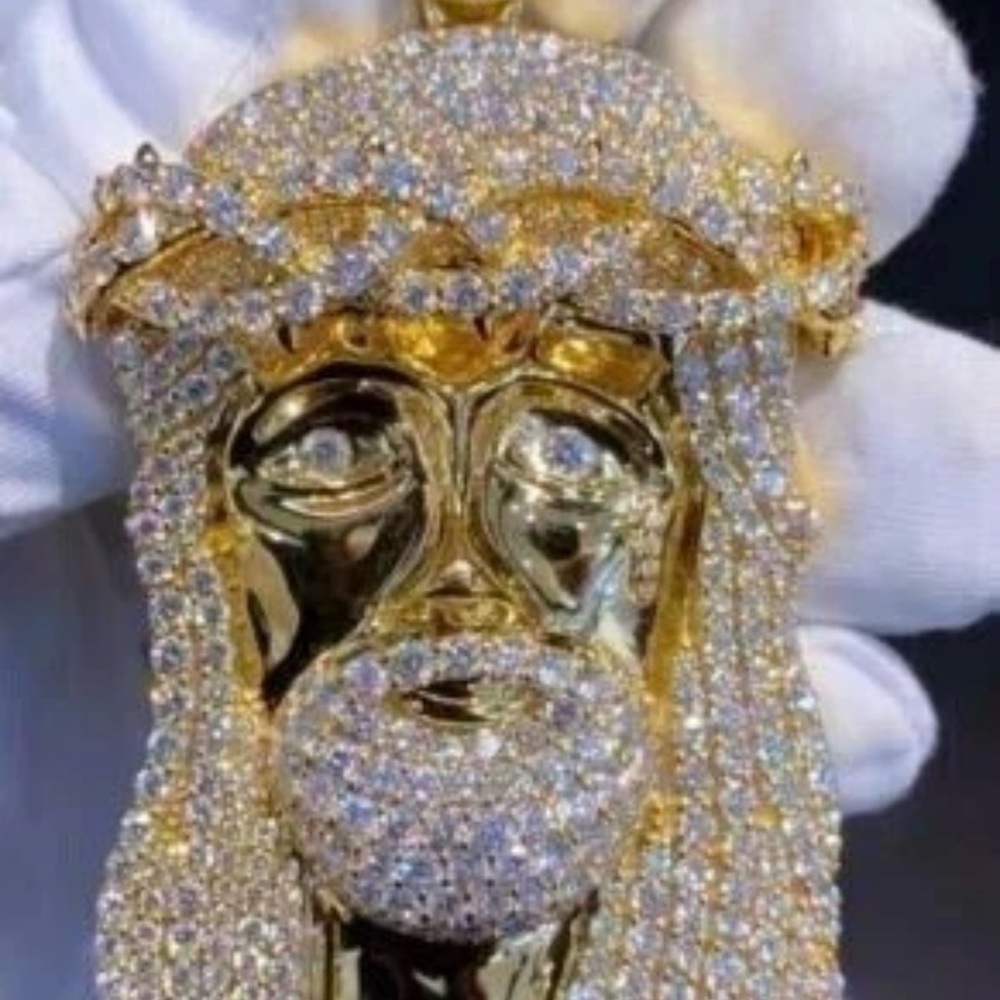 Real Moissanite 3Ct Round Cut Jesus Face Pendant 14k Yellow Gold Plated 2 Inch
